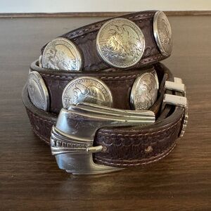 Vintage 1994 Justin Coin Belt Walking Liberty Half Dollars Leather Sz 32–36 BxA